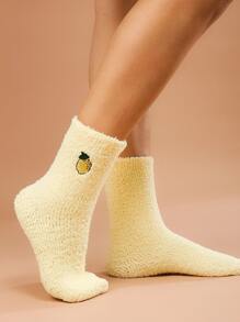 Fluffy Lemon Embroidery Crew Socks