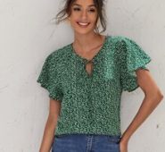 Flutter Sleeve Tie Neck Ditsy Floral Top