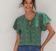 Flutter Sleeve Tie Neck Ditsy Floral Top