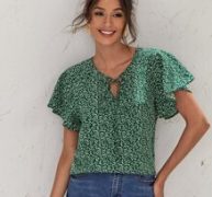 Flutter Sleeve Tie Neck Ditsy Floral Top