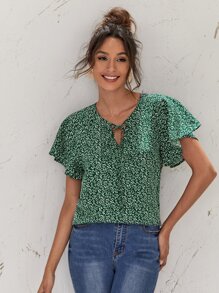 Flutter Sleeve Tie Neck Ditsy Floral Top