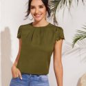 Fold Pleated Front Scallop Edge Laser Cut Sleeve Top