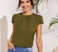 Fold Pleated Front Scallop Edge Laser Cut Sleeve Top