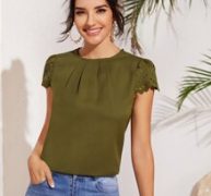 Fold Pleated Front Scallop Edge Laser Cut Sleeve Top