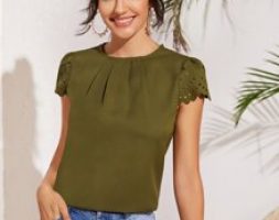 Fold Pleated Front Scallop Edge Laser Cut Sleeve Top
