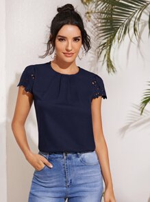 Fold Pleated Front Scallop Edge Laser Cut Sleeve Top