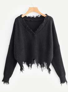 Frayed Trim Drop Shoulder Sweater