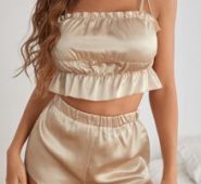 Frill Ruffle Trim Satin Cami Top & Shorts Night Set