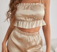 Frill Ruffle Trim Satin Cami Top & Shorts Night Set
