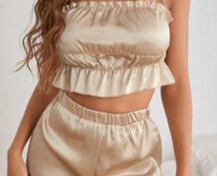 Frill Ruffle Trim Satin Cami Top & Shorts Night Set
