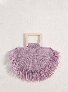 Fringe Trim Straw Tote Bag