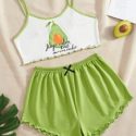 Fruit Print Lettuce Trim Cami Pajama Set