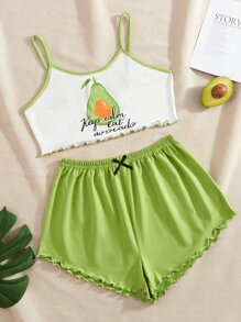 Fruit Print Lettuce Trim Cami Pajama Set