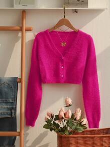 Fuzzy Knit Button-Front Cropped Cardigan