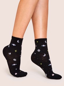 Galaxy Print Ribbed Ankle Socks