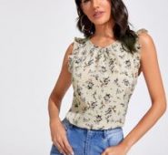 Gathered Neckline Ruffle Trim Floral Top