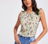 Gathered Neckline Ruffle Trim Floral Top