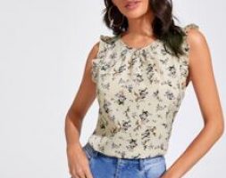 Gathered Neckline Ruffle Trim Floral Top
