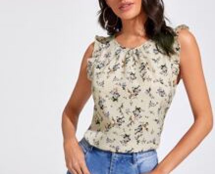 Gathered Neckline Ruffle Trim Floral Top