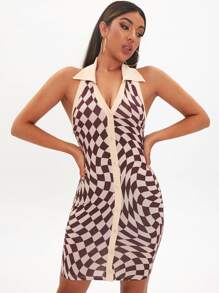 Geo Print Button Front Sleeveless Dress