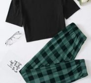 Gingham Pants With Tee Pajama Set