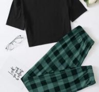Gingham Pants With Tee Pajama Set