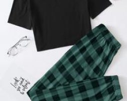 Gingham Pants With Tee Pajama Set