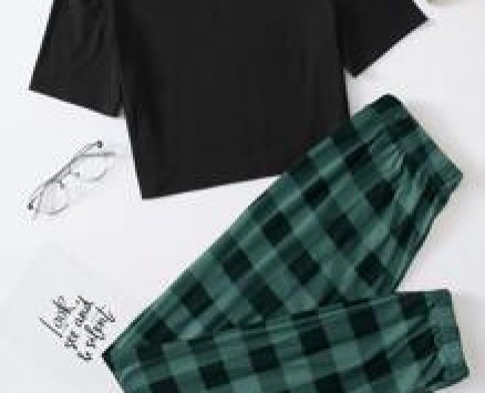 Gingham Pants With Tee Pajama Set