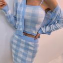 Gingham Pattern Knit Cami Top & Cardigan and Knit Skirt