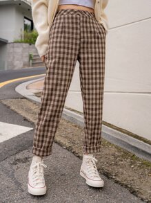 Gingham Print Slant Pocket Pants