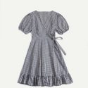 Gingham Ruffle Hem Surplice Front Puff Sleeve Dress