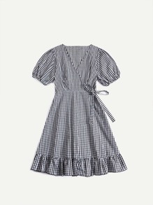 Gingham Ruffle Hem Surplice Front Puff Sleeve Dress