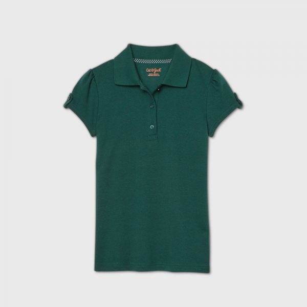 Girls' Short Sleeve Interlock Uniform Polo Shirt - Cat & Jack Dark Green XS