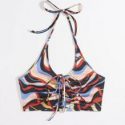 Graphic Drawstring Ruched Halter Top