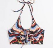 Graphic Drawstring Ruched Halter Top