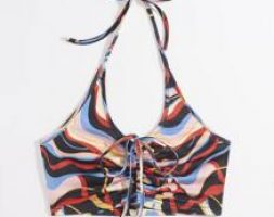 Graphic Drawstring Ruched Halter Top