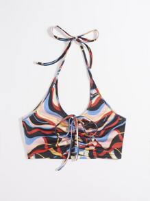 Graphic Drawstring Ruched Halter Top