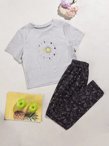 Graphic Tee & Allover Print Pants PJ Set