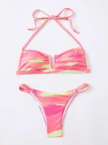 Graphic V-wired Halter Bikini Swimsuit