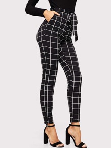 Grid Print Self-Tie Belted Pants