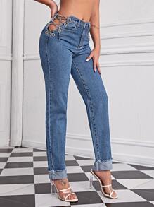 Grommet Eyelet Chain Lace Up Jeans