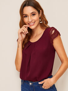 Guipure Lace Cap Sleeve Pleated Blouse