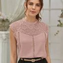 Guipure Lace Panel Keyhole Back Blouse