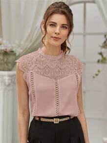 Guipure Lace Panel Keyhole Back Blouse