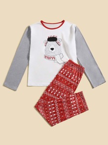 Guys 1pc Christmas Bear & Letter Graphic Tee & 1pc Geo Print Pants PJ Set