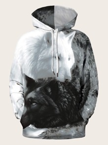 Guys 3D Wolf Print Drawstring Hooded Sweatshirt