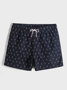 Guys Allover Anchor Print Drawstring Swim Trunks