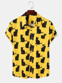 Guys Allover Cat Button Through Shirt