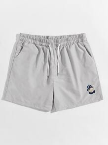 Guys Cartoon Bear Patched Drawstring Shorts