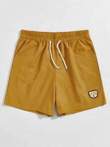 Guys Cartoon Bear Patched Shorts